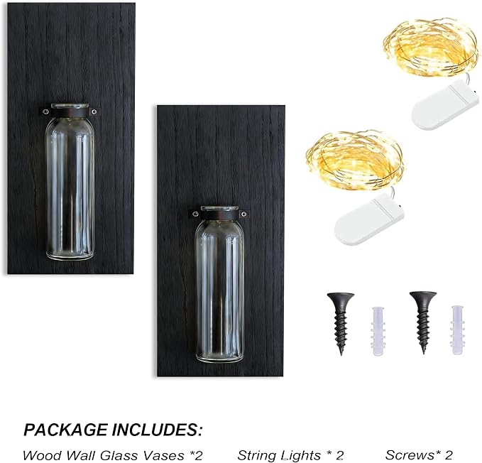 Heiple 2 Pack Wall Planters for Indoor Plants, Wood Glass Decor for Bathroom, Bedroom Living Room, Modern Farmhouse Wooden Pocket Wall Vases for Dried Flowers and Plastic Plants (Black)