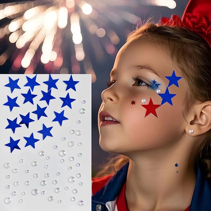 4th July Star Face Stickers Gems for Makeup, 3 Sheets Red Silver and Blue Face Glitter Rhinestone jewels, Self Adhesive Face Eye Nail Body Gems Stick on for Patriotic Rave Festival Accessories