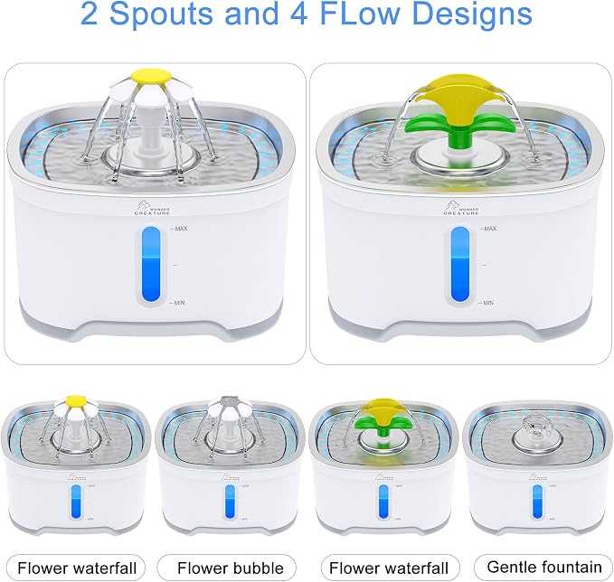 Wonder Creature Cat Water Fountain Stainless Steel Lid with 3 Filters, 84oz | 2.5L Pet Fountain with 3 Carbon Filters, 1 Mat, 2 Spouts, Quiet Pump, LED Water Level Window and 4 Flow Modes