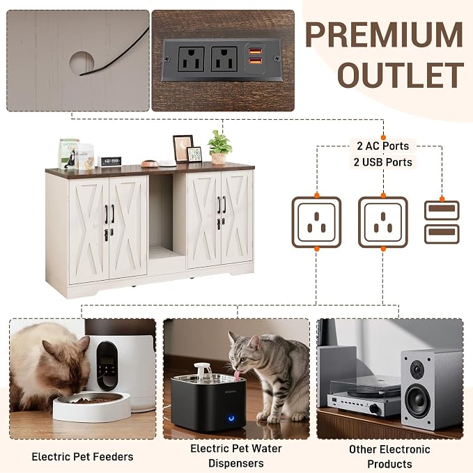 59.1" Cat Litter Box Enclosure for 2 Cats, Hidden Litter Box Furniture with Power Outlet & Removable Hallway, Lockable Door & Anti-Tip Design, Farmhouse Litter Box Cabinet with Magnetic Door, White
