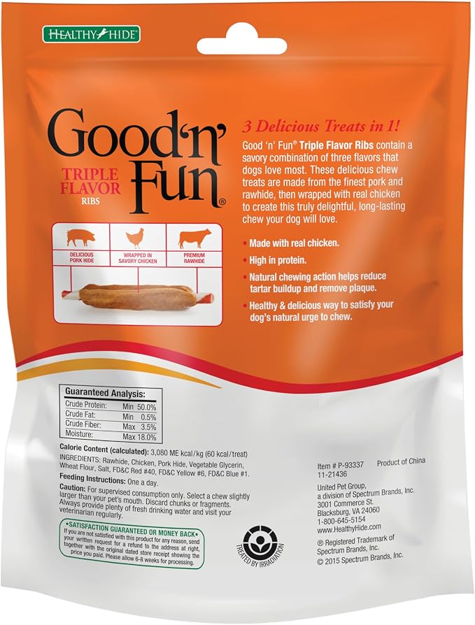Good 'n' Fun Ribs Long-Lasting Dog Treat Made With Real Protein, 8.4 oz | Premium Chicken, Pork and Beef Hide Chew, Supports Dental Health and Mental Stimulation, For Adult Dogs