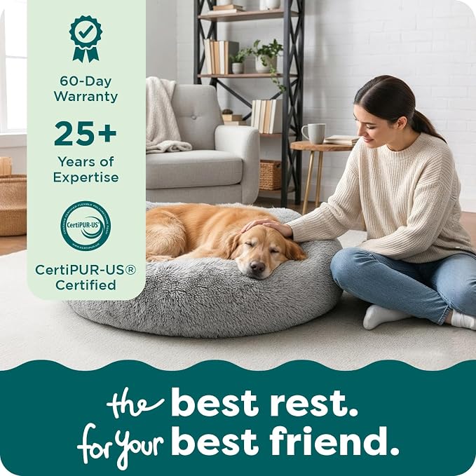 FurHaven 45" Calming Donut Dog Bed for Large Dogs, Round Plush Donut Design with Soft Filling for Snuggling Comfort, Removable Washable Cover, Jumbo XL, Shaggy Faux Fur, Gray