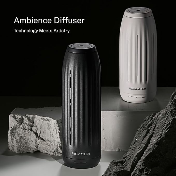 AromaTech Ambience Scent Diffuser for Essential Oil Blends & Fragrances – Waterless Scent Machine w/Bluetooth for Home, Bathroom Boutiques, Hotel, Spa – White Stone Mini