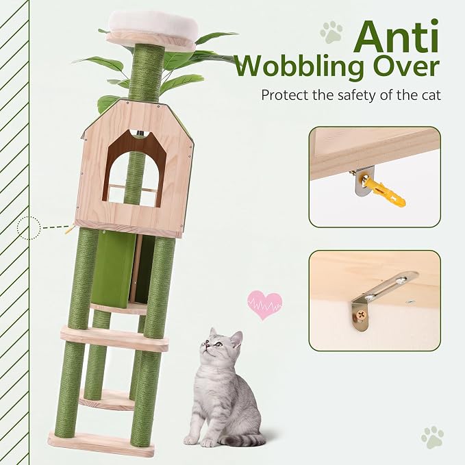 Wood Cat Tower for Self-Cleaning Litter Box, with Faux Plant, 58In | Multi-Level Cat Tree for Adult Large Cats, with Cozy Plush Bed, House, Scratching Posts, Cat Furniture for Indoor Cats, Green