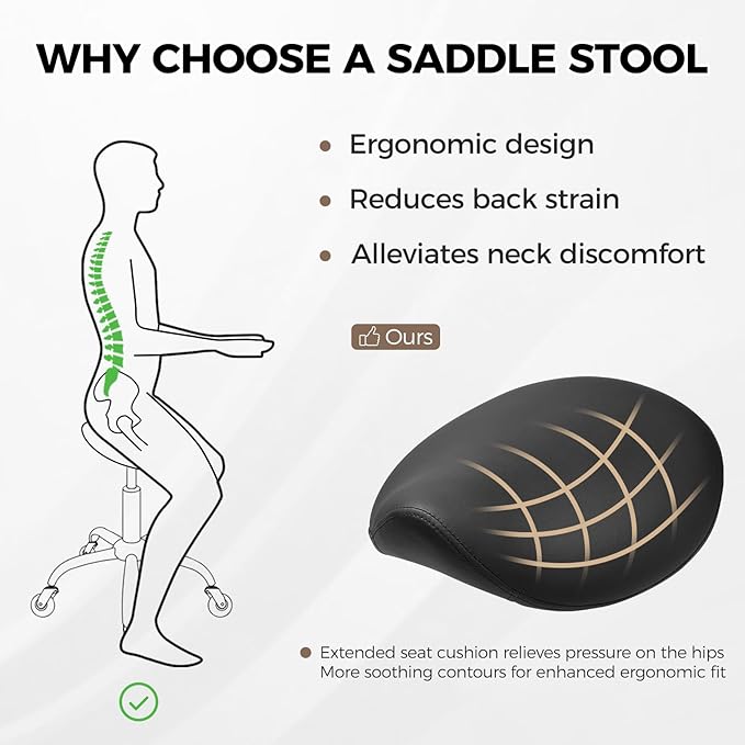 BEWISHOME Ergonomic Rolling Saddle Stool, Height-Adjustable Rolling Swivel Saddle Stool Chair with Thickened Saddle Seat Padding, for Salons, Spas, Office, Black BMD02B