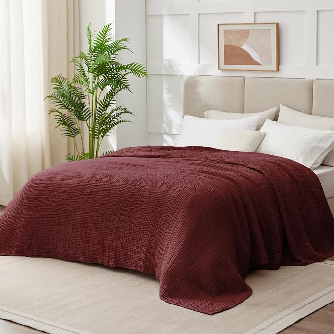 100% Cotton Muslin Blanket King 108" x 90", 6 Layers Breathable and Lightweight Cotton Throw Blankets for Bed, Soft Cooling Summer Gauze Blanket for Adults All Season, Burgundy