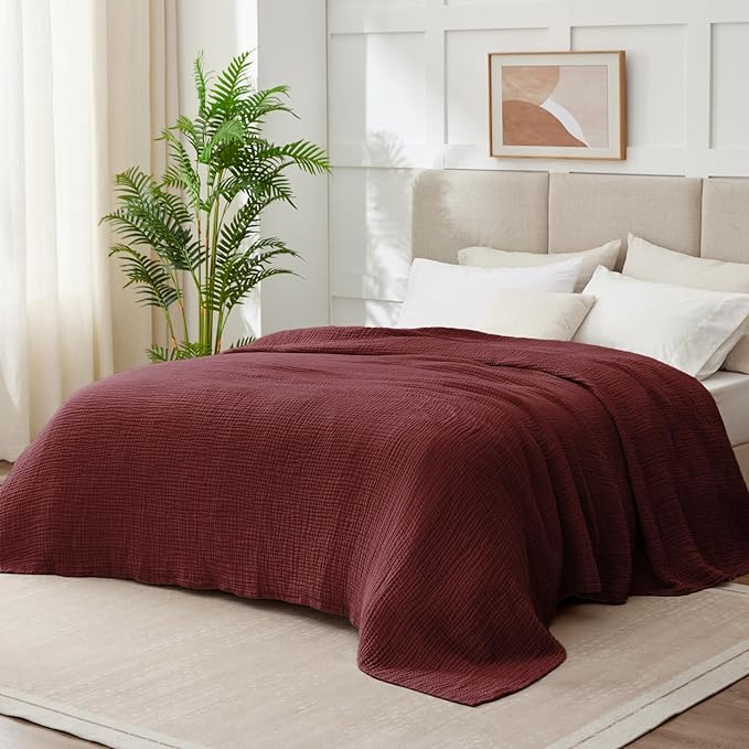 100% Cotton Muslin Blanket 50"x 60", 6 Layers Breathable and Lightweight Cotton Throw Blankets for Couch, Soft Cooling Summer Gauze Blanket for Adults All Season, Burgundy
