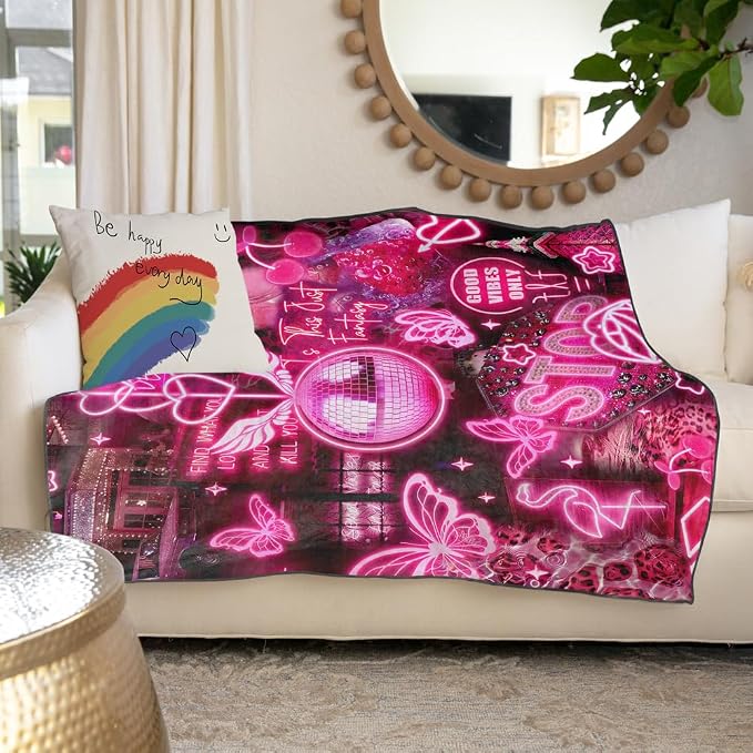 Blacklight Pink Collage Throw Blankets UV Reactive Aesthetic Throw Blanket Glow in the Dark Under Black Lights Game Room Decor Soft Throw Gifts 59x51 Inches