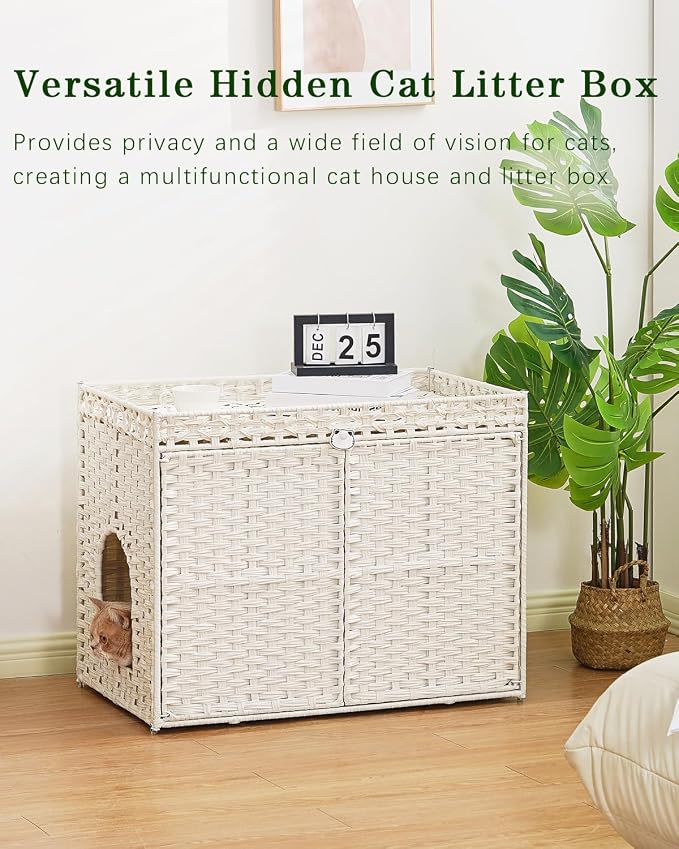 SETVSON Cat Litter Box Enclosure Furniture, Handwoven PE Rattan, White | Large Double-Door PE Rattan Kitty House, Fits Large Covered Litter Boxes, 2 Litter Mats, 2 S-Hooks, Metal Frame