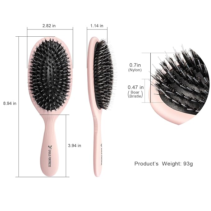Eagle Fortress Boar Bristle Hair Brush for Women, Detangler Brush for Wet, Dry & Damaged Hair with Long Pins for Thick & Long Hair - Pink