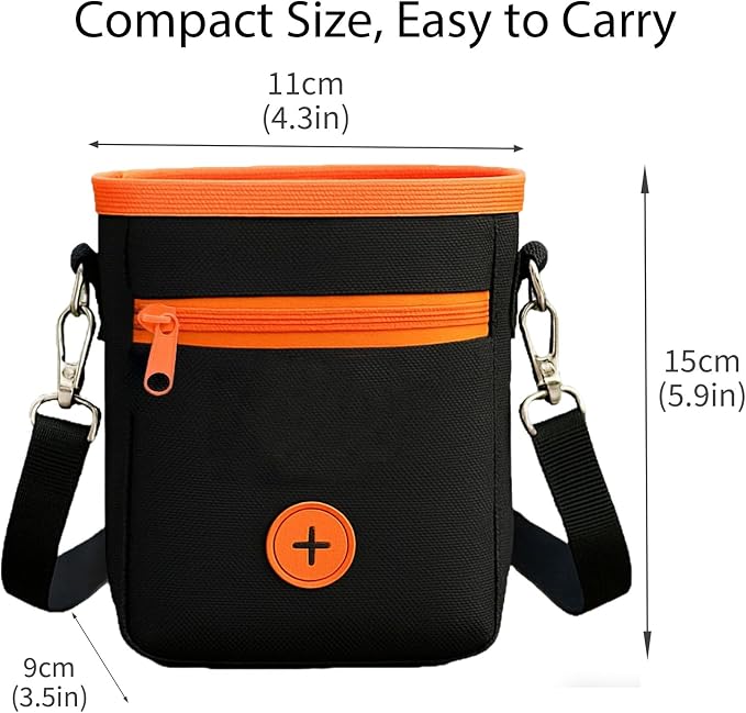 Dog Treat Pouch for Training, 2 Cup Dog Food Storage Bag with Poop Bag Dispenser, Collapsible Bowl, Adjustable Shoulder Strap, Kibble Carrier for Walking Hiking Camping, Orange Black