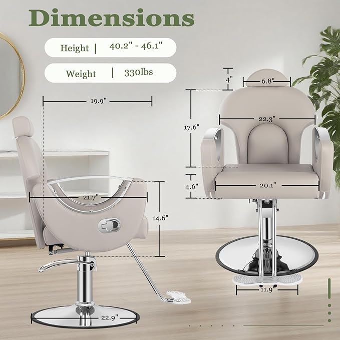 Reclining Salon Hair Chair, Barber Styling Chair for Hair Stylist, 360° Swivel Height Adjustable Hair Braiding Hairdresser Chairs, Beauty Spa Equipment for Barbershop, Gray Silver