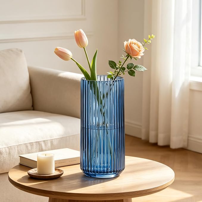 10 inch Blue Glass Flower Vase for Pampas Grass, Medium Decorative Centerpiece Ribbed Vase for Dining Table, Office Desktop, Shelf Bookshelf, Mantel, Entryway, Bathroom, Countertop,Gift