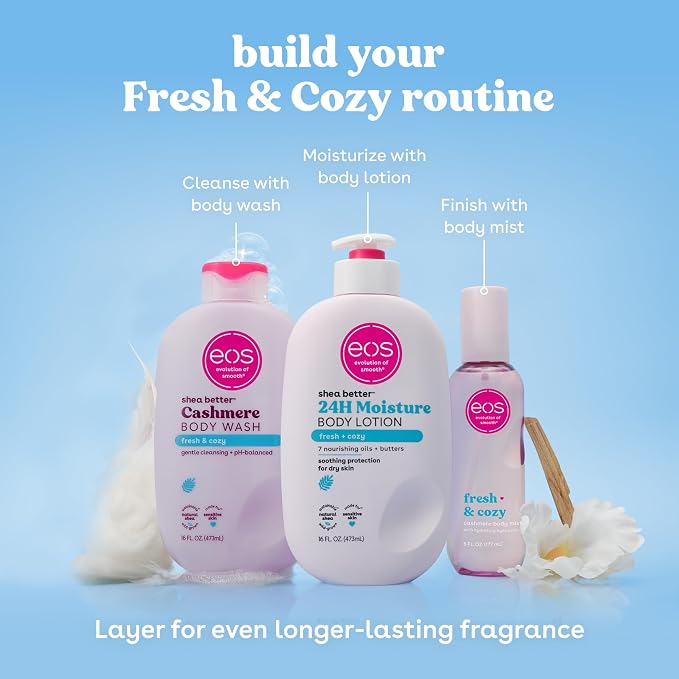 eos Cashmere Body Mist, Fresh & Cozy, Body Spray for Women, Hair Mist, Moisturizing, Hyaluronic Acid, Glycerin, Vegan, Cruelty-free, 6 fl oz
