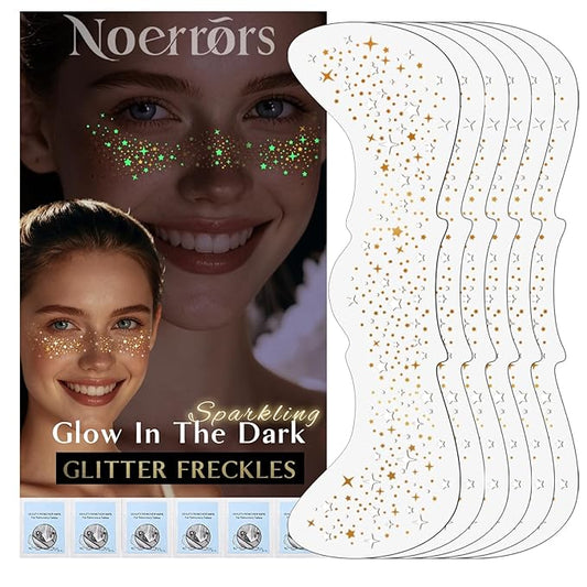 Noerrors 6pcs Glitter Freckles Glow in the Dark Temporary Speckles Tattoo Sticker, Cute Gold Star Nightglow Fake Faux Freckle Makeup Patches, Sparkle Glow Up Face Tattoo for Party