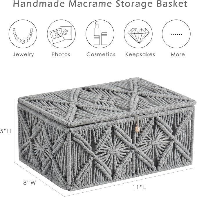 Decorative Boho Storage Baskets with Lid Natural Macrame Boxes | Handmade Cotton Rope Woven Bins, Shelf Desk Organizer Container for Jewelry Memory Keepsake Photo Makeup, Gray, Large
