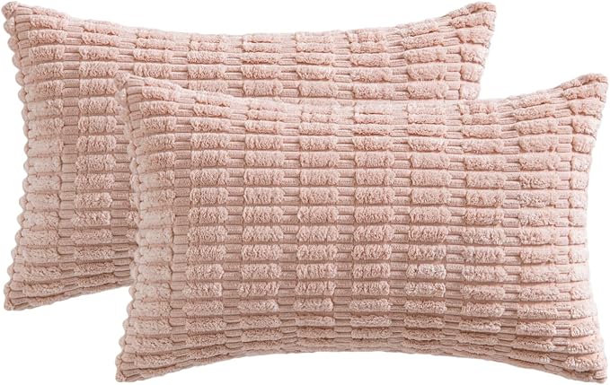 MIULEE Pack of 2 Corduroy Decorative Throw Pillow Covers 12x20 Inch Soft Boho Striped Pillow Covers Modern Farmhouse Home Decor for Spring Sofa Living Room Couch Bed Pink | Soft Boho Striped Pillow Covers Modern Farmhouse Home Decor For Sofa Living Roo...