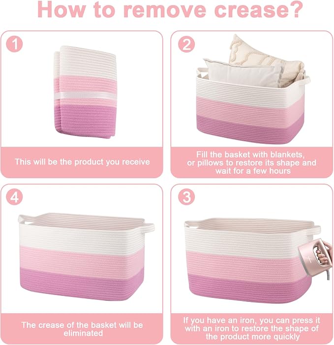 OIAHOMY Large Blanket Basket, 65L Cotton Rope Woven Laundry Basket, Toy Bin for Baby Room, Container for Blanket Storage in Living Room, 20''×16''×12'', Gradient Pink