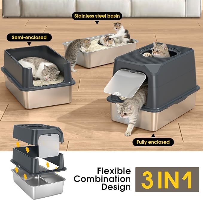 Enclosed Stainless Steel Litter Box with Lid for Most Adult Cats | 50% Thicker Metal, Leak-Proof High Sides, 3-in-1 Convertible, Non-Stick Surface, Odor Resistant, Easy Clean