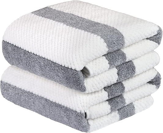 JML Large Bath Towels Set of 2, Waffle Stripe Grey, 30" x 60" | Microfiber, Oversized, Lightweight,Super Absorbent, Fast Drying, Haning Loop,For Sauna, Shower, Pool, Sport, Fitness, Yoga