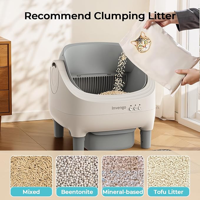 Invengo Automatic Cat Litter Box Self Cleaning, App Control, Open-Top Automatic Litter Box with Safety Sensors, Ultra-Quiet, 10.5L Waste Bin with Odor Control, 2 Rolls of Garbage Bags, Slate Gray