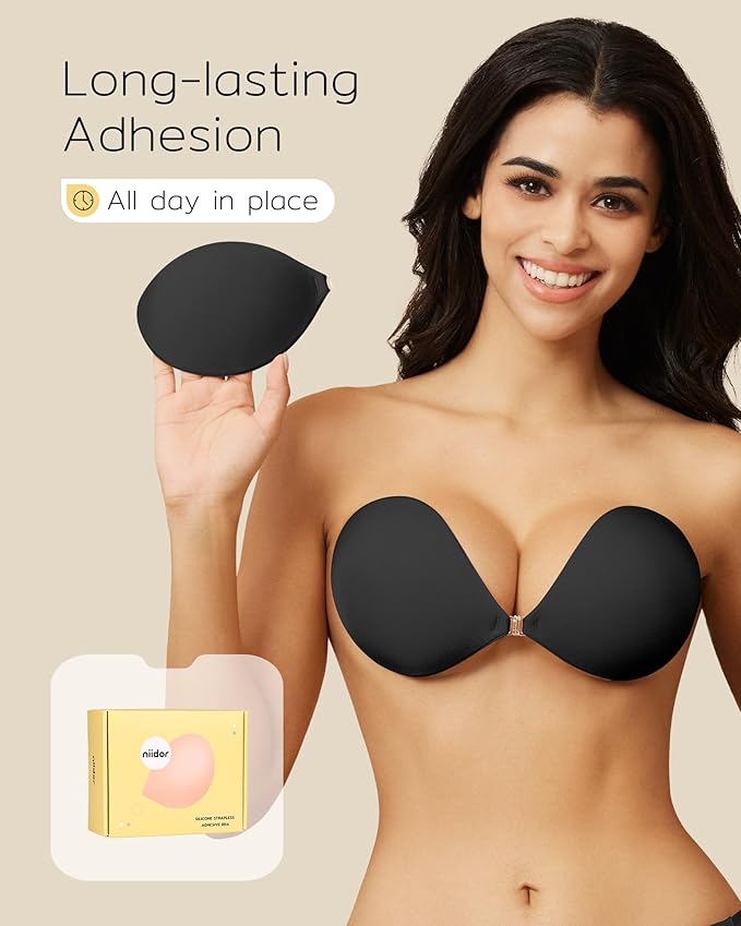 Niidor Adhesive Bra Strapless Sticky Invisible Push up Silicone Bra for Backless Dress with Reusable Nipple Covers