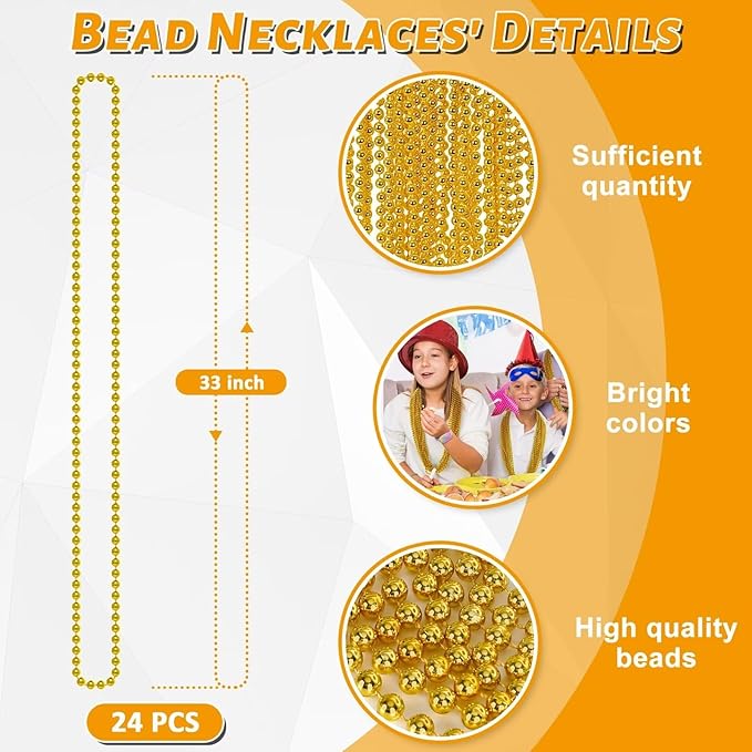 Gold Bead Necklace, 24PCS Christmas Bead Necklaces Stuff, 33" Mardi Gras Xmas Beaded Necklace Costume, Festival Parade Throw Accessories for Wedding Birthday Pirate Party Baby Shower Supplies Decor