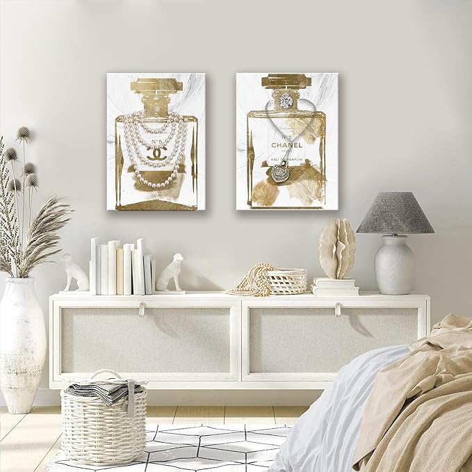 2 Pieces Vintage Perfume Bottle Wall Art Gold Canvas Pictures Wall Decor Modern Luxury Fashion Posters Print Glam Artwork Picture for Bedroom Make up Room Home Decor 12"x16"(30x40cm)