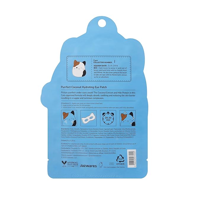 TONYMOLY x Squishmallows Cam Eye Mask – 2025 Holiday Edition Hydrating Under-Eye Patches with Coconut Extract – Brightening, Soothing, and Moisturizing Skincare Gift for Tired Eyes