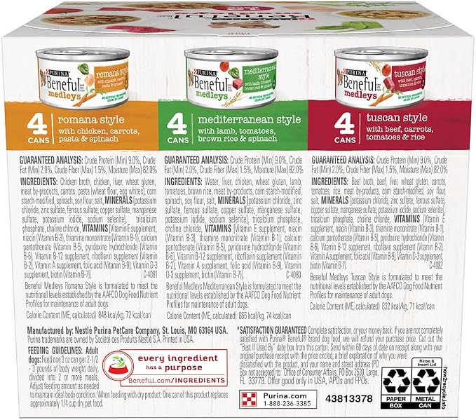 Purina Beneful Wet Dog Food Variety Pack, Medleys Tuscan, Romana & Mediterranean Style - (2 Packs of 12) 3 oz. Cans