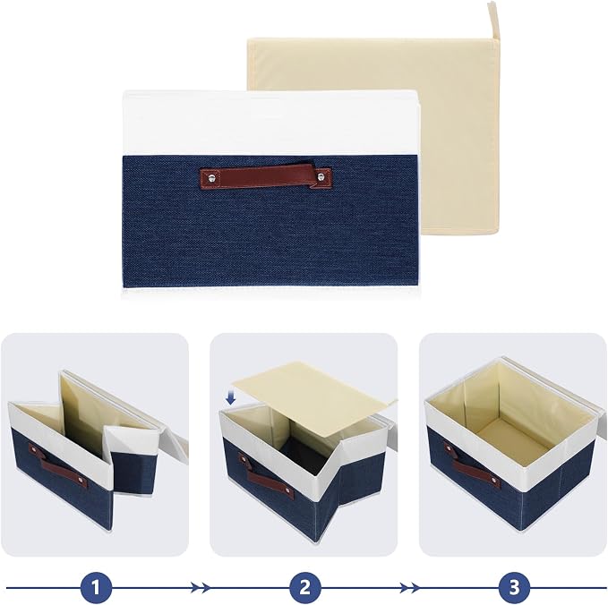 ANMINY Fabric Storage Box Bins with Lids, Blue White, 15"x10"x10" | Keepsake Memory Storage, Cotton Linen, PP Board Reinforced, Washable, PU Handles, Foldable & Stackable, Decorative, Large