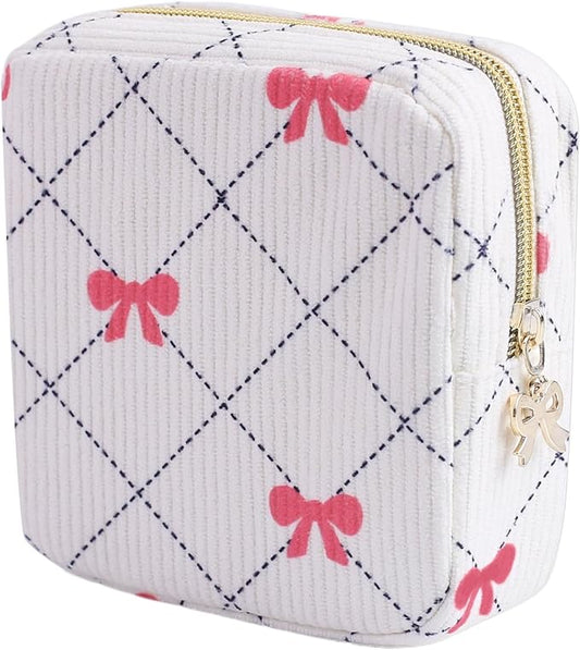 Period Bag for Women - Cute Corduroy Sanitary Napkin Storage Bag with Bow Design | Period Pouch for Daily Use, Travel | Discreet Menstrual Pouch | Pad Bags for Period Holds Pads, Tampons