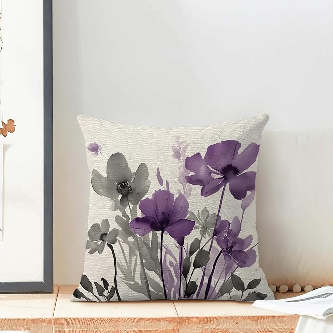 Spring Floral Pillow Covers 18x18 Inches Set of 2 Gray Purple Floral Throw Pillow Covers Outdoor Summer Flower Decoration Pillowcase Farmhouse Decorative Square Cushion Cover for Home Couch