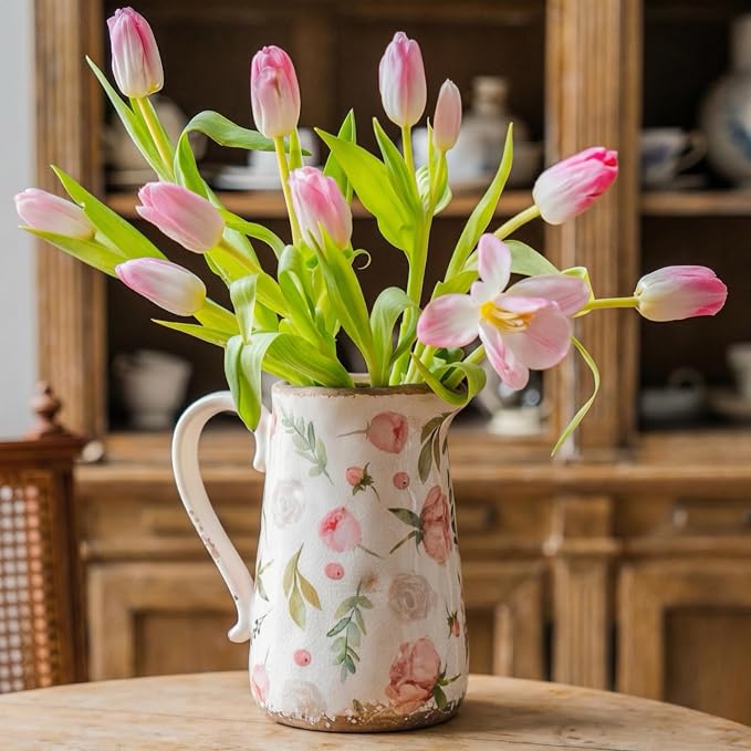 Retro Rustic Large Ceramic Vase with Handle, Distressed Farmhouse Pitcher for Home, Ideal Shelf Decor Floral Vase for Living Room Bedroom Office Table Centerpiece Decorations 9 Inch