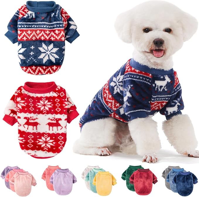 FabriCastle Christmas Dog Sweater, 2-Pack Dog Clothes, Ultra Soft and Warm Pet Jackets for Small Dogs & Cats, Winter Pet Apparel Costumes, Puppy Outfits (Red,Blue, X-Large)