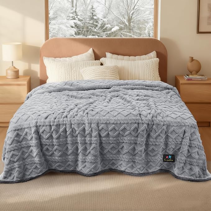 Luciphia Waterproof Blanket for Queen Bed Reversible Fleece Couch Cover | Reversible waterproof pet blanket with soft Sherpa fleece machine washable protect couch bed car, Light Grey 90" x 82"