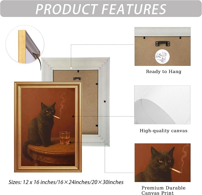 ICHZUMW Gold Framed Funny Black Cat Whiskey Vintage Canvas Wall Art 8x10 In | Funny Cat Smoking Cigarette Picture, Quirky Animal Bar Wall decor, Bathroom Man Cave Bedroom, Fade Resistant, Ready to Hang