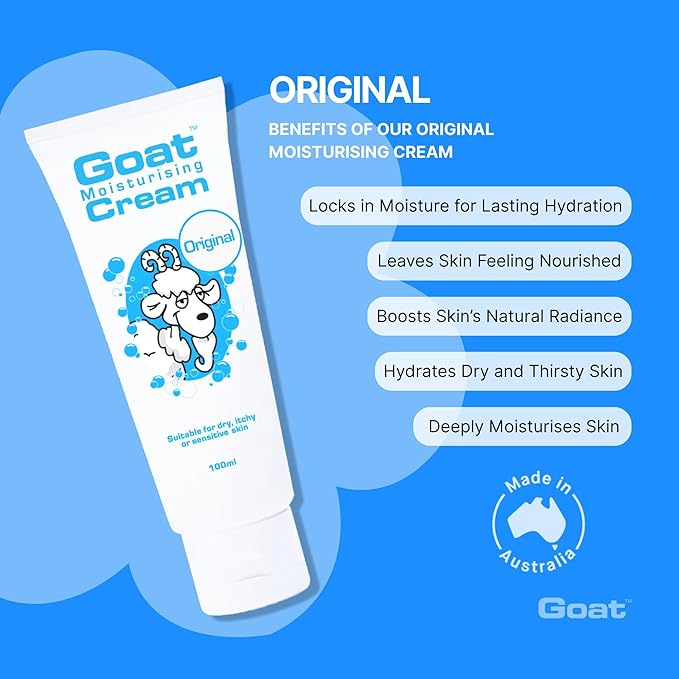 Goat Moisturizing Cream - Moisturizing Hand and Body Cream - Enriched Milk, Vitamin E, 100 ml, For Dry Itchy or Sensitive Skin, Made in Australia