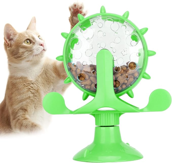 Cat Food Leakage Toy, Windmill Treat Dispensing Cat Puzzle for Indoor Cats, Interactive Slow Feeder with Suction Cup for Kitten Snacks, Mental Enrichment & Fun Play