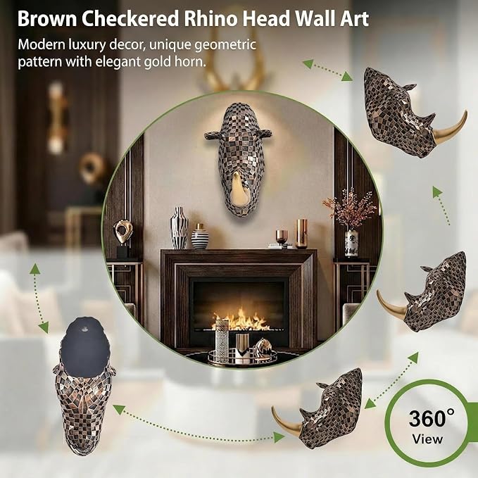 GIGICICI 9.2x4.7-Inch Vintage Mosaic Rhino Head Wall Sculpture Art Mount Statue for Room Bedroom Office Living Decor(Brown)