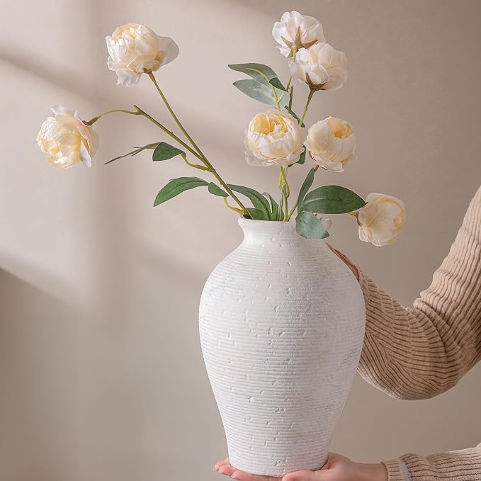 Ceramic Flower Vase Home Decor, 9 in Farmhouse Table Vase Rustic Vintage Living Room Kitchen Bedroom Pottery Decorative Vases for Flowers House Shelf Office Coffee Desk Dining Entryway Decor, White