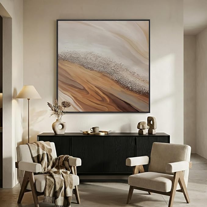 Extra Large Framed Beige Abstract Canvas Wall Art for Living Room, 40x40 In | Oversized, Canvas prints, Abstract pictures, Beige, Square paintings, Earth tone, Living room, Dining room hallway wall decor