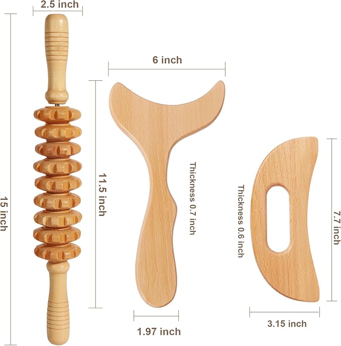 SAMEBUTECO 3 in 1 Lymphatic Drainage Massager Wood Manual Fascia Massage Roller and Gua Sha Tool Set for Body Release Cellulite Anti Cellulite and Relieve Muscle Fatigue 3 Packs