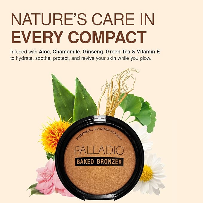 Palladio Baked Bronzer, Highly Pigmented and Easy to Blend, Shimmery Bronzed Glow, Use Dry or Wet, Lasts all day long, Provides Rich Tanning Color Finish, Powder Compact, Atlantic Tan