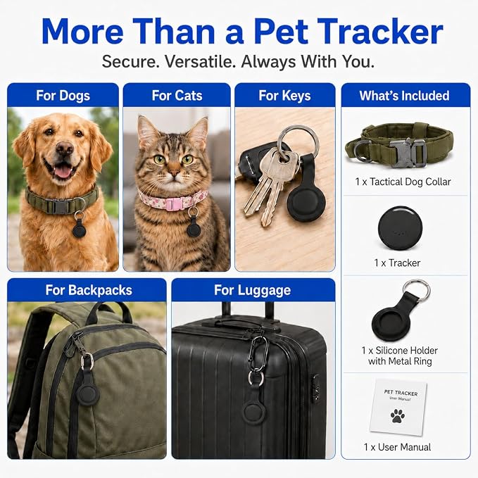 Pet GPS Tracker for Dogs, Compatible with Apple Find My(iOS Only), No Monthly Fee, IP67 Waterproof Anti-Lost Locator, 12-Month Battery, Includes Silicone Collar Holder & Tactical Dog Collar