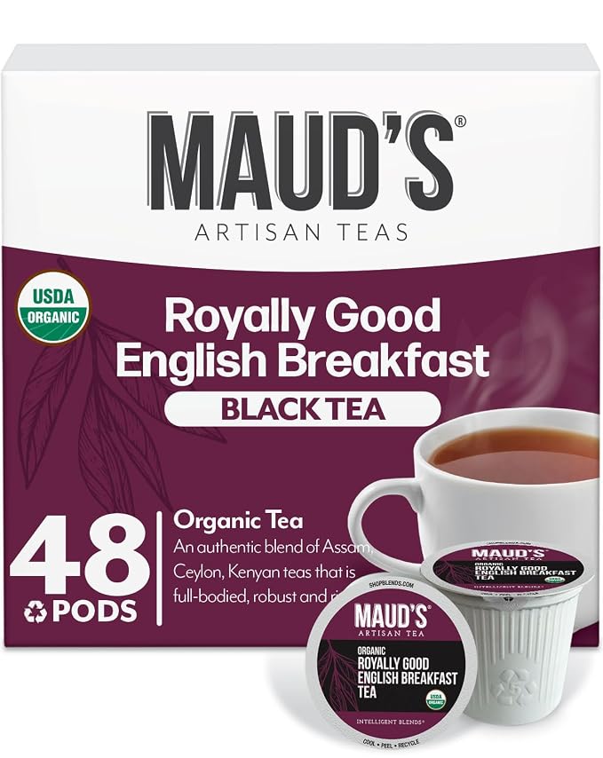 Maud's Organic English Breakfast Black Tea Pods, 48 ct, Single Serve Pods – 100% Gourmet Blended Tea Leaves, Compatible with Keurig K Cups Maker