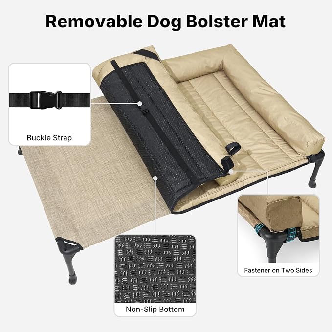 Veehoo Outdoor Elevated Dog Bed with Waterproof Bolster Cushion, Cooling | Raised Dog Bed with Removable & Washable Mat Topper, Breathable Mesh, Dog Couch Cot for Indoor Outdoor, 53", Large, Beige