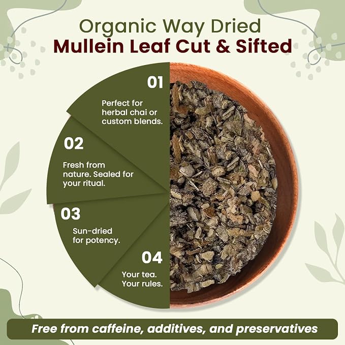 Organic Way Mullein Leaf | Herbal Tea (Verbascum thapsus) Cut & Sifted - European Wild-Harvest | Organic & Kosher Certified | Non GMO & USDA Certified | Origin - Albania (1/4LBS / 4Oz.)