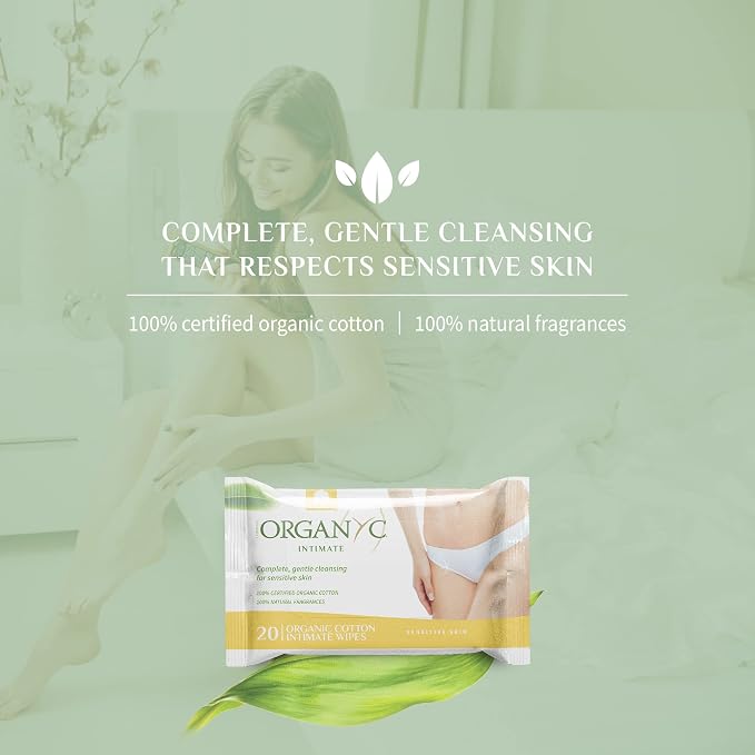 Organyc - Made with Organic Cotton Intimate Wet Wipes For Sensitive Skin, pH Balanced, No Parabens, Alcohol, or Chlorine, 20 Count (Pack of 1)