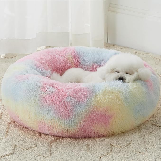 WNPETHOME Medium Round Calming Dog Bed Cat Bed for Comfy Sleep | Dog Bed For Medium Dog, Cute Washable Puppy Bed with Cozy Plush, Faux Fur Anxiety Pet Bed Donut Cuddler (27x27x10In, Rainbow)